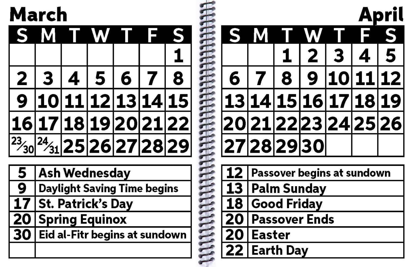 2026 large print calendar for March and April showing holidays and important dates for easy visibility.
