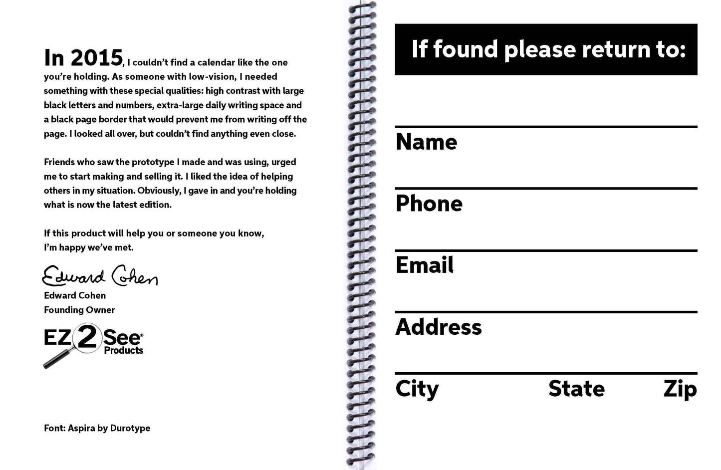 Page from the EZ2See 2026 Weekly Planner with personal info section and founder's message.