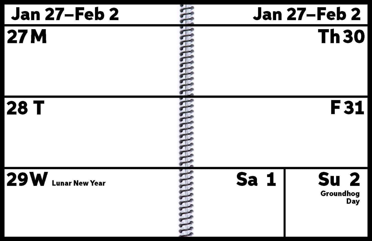 2026 EZ2See large print weekly planner calendar page showing sample weekly page with large areas to write and with important dates.