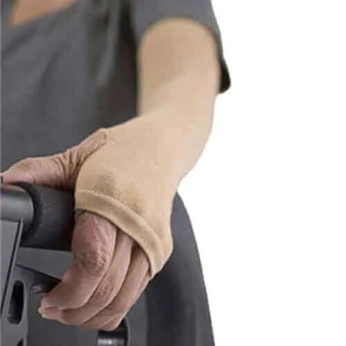 Close up showing the GeriGlove thumb and finger holes
