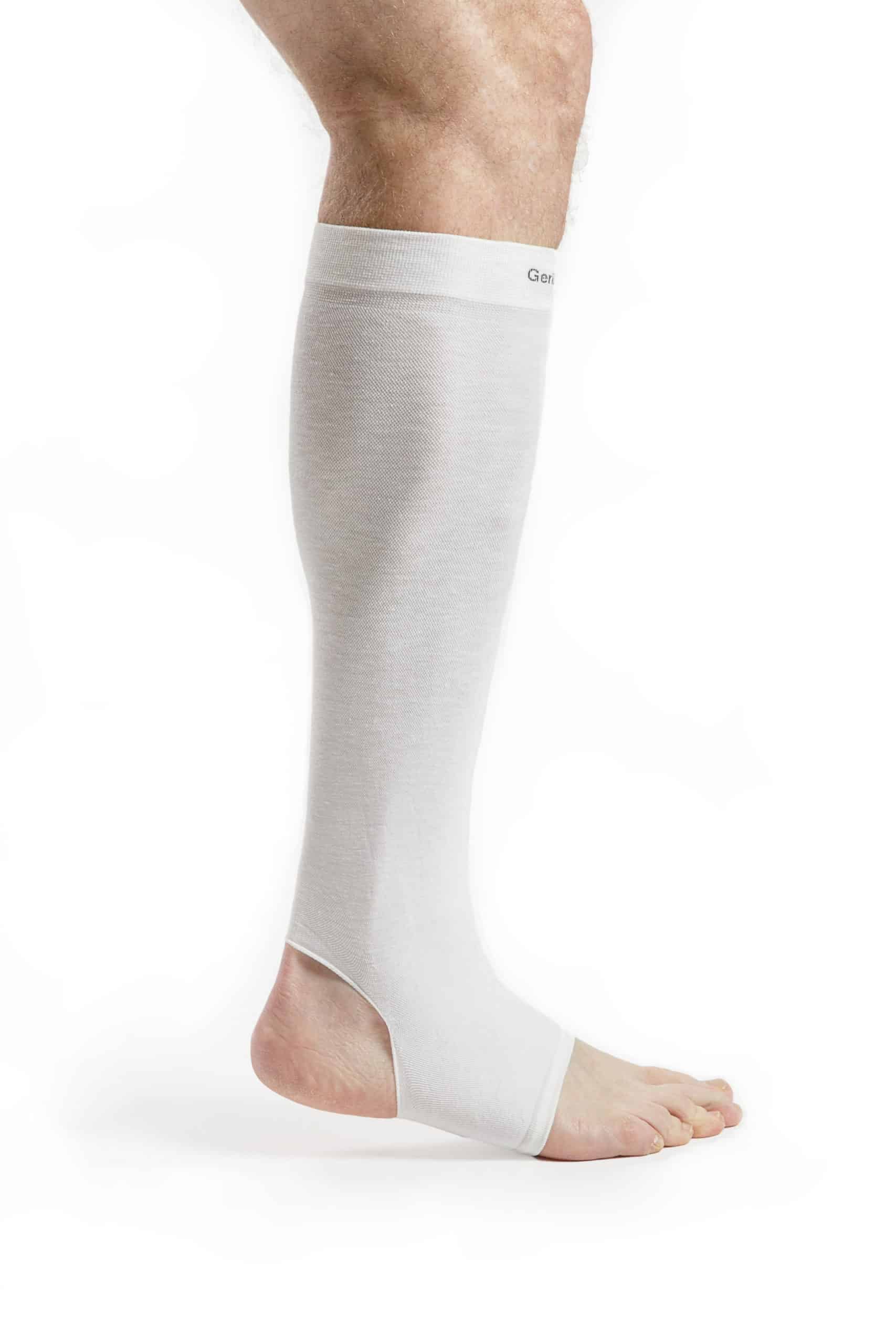White Gerileg on a model showing that it comes up to top of shin