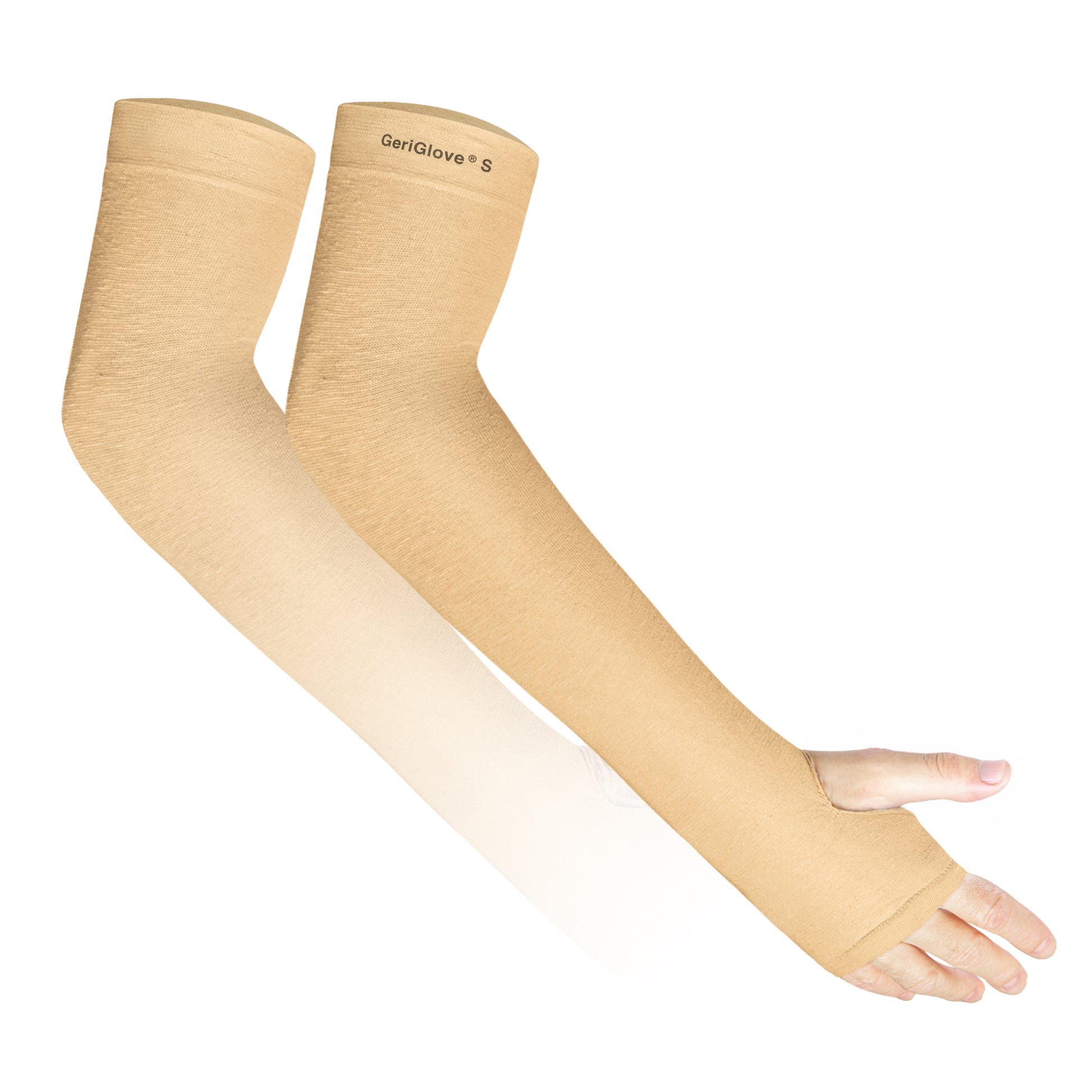 GeriGlove arm protector sleeves in Beige — skin tear and bruise prevention for thin, fragile skin