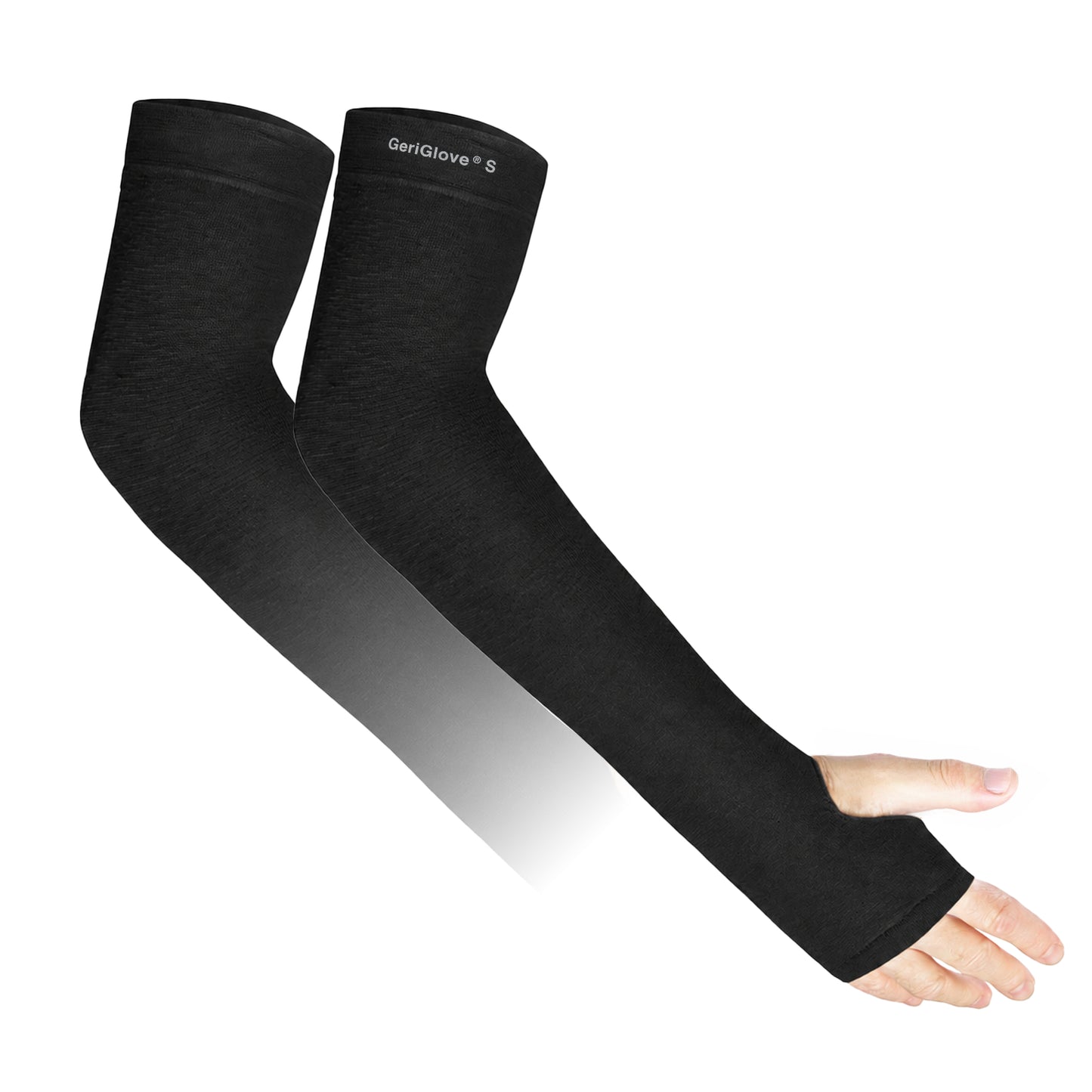 GeriGlove arm protector sleeves in Black — skin tear and bruise prevention for thin, fragile skin