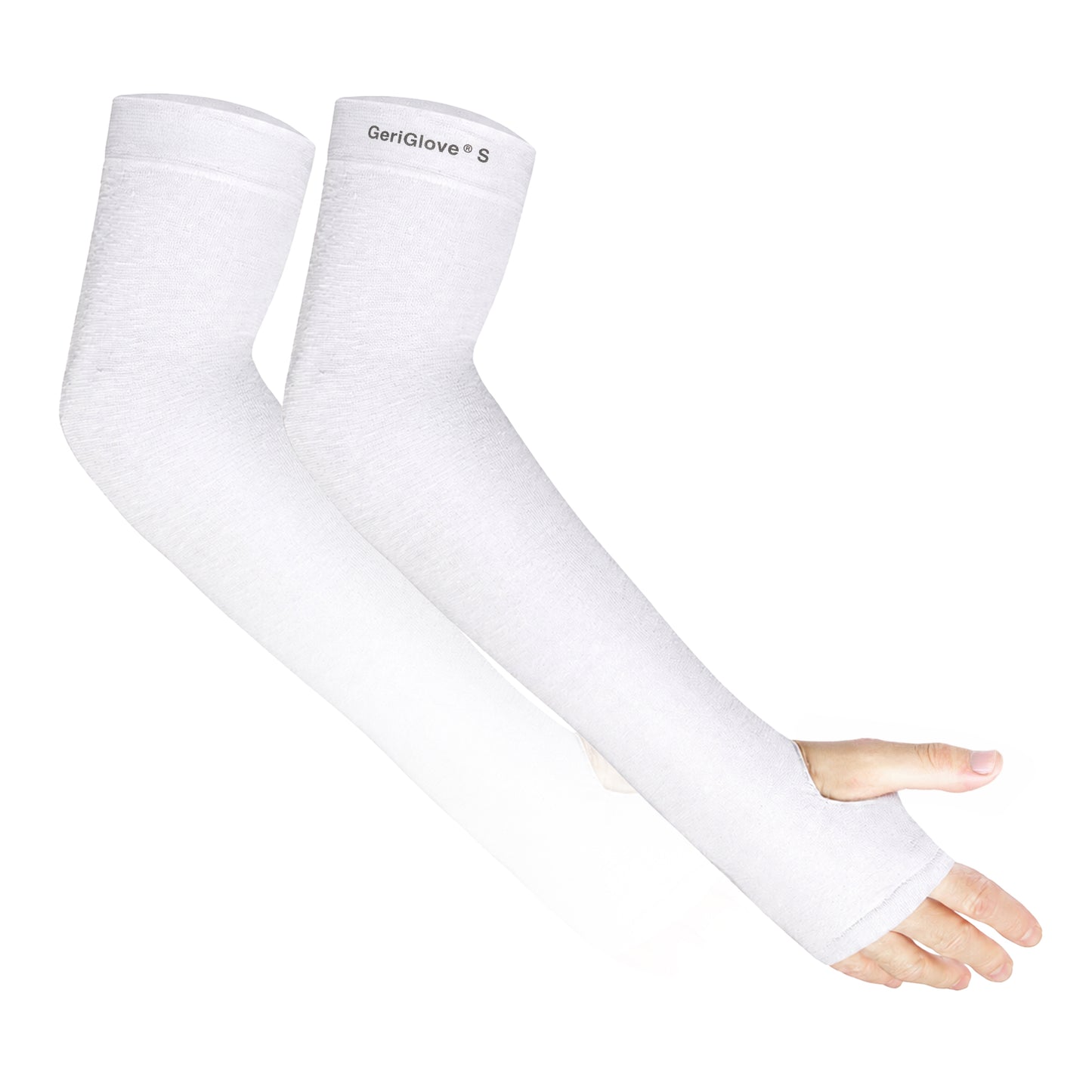 GeriGlove arm protector sleeves in White — skin tear and bruise prevention for thin, fragile skin