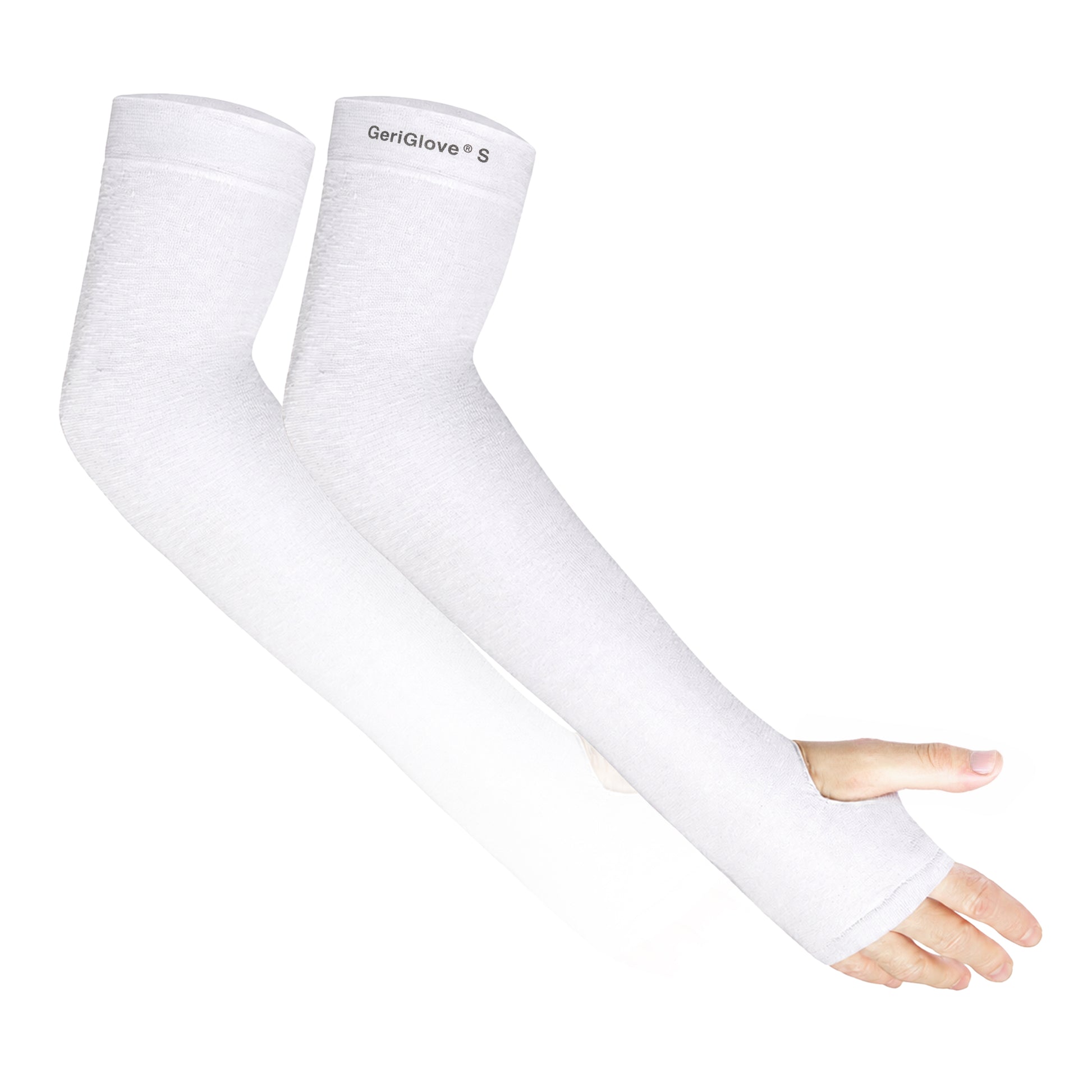 GeriGlove arm protector sleeves in White — skin tear and bruise prevention for thin, fragile skin