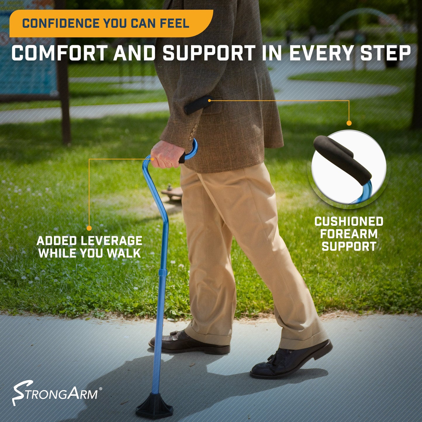 StrongArm Comfort Cane features — forearm grip shifts weight off the wrist