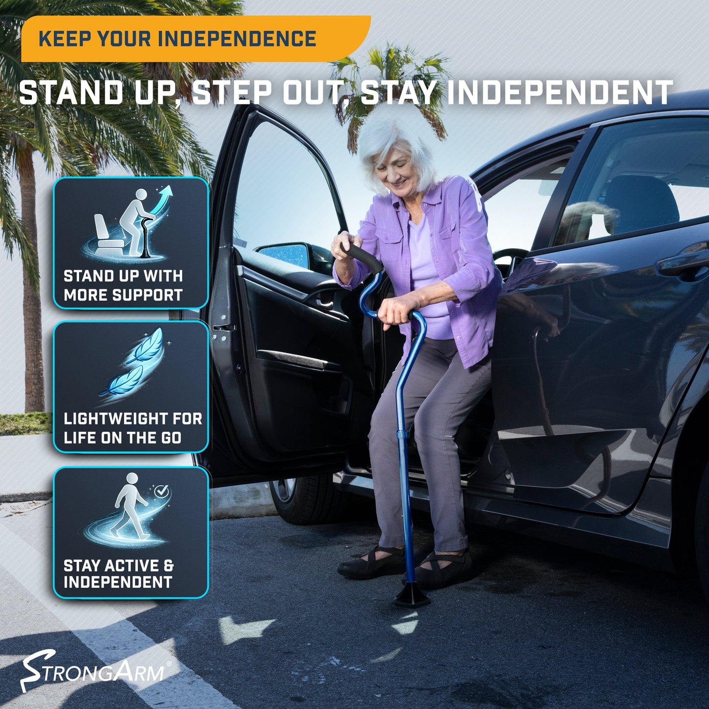 StrongArm Comfort Cane in use — stability and fall prevention