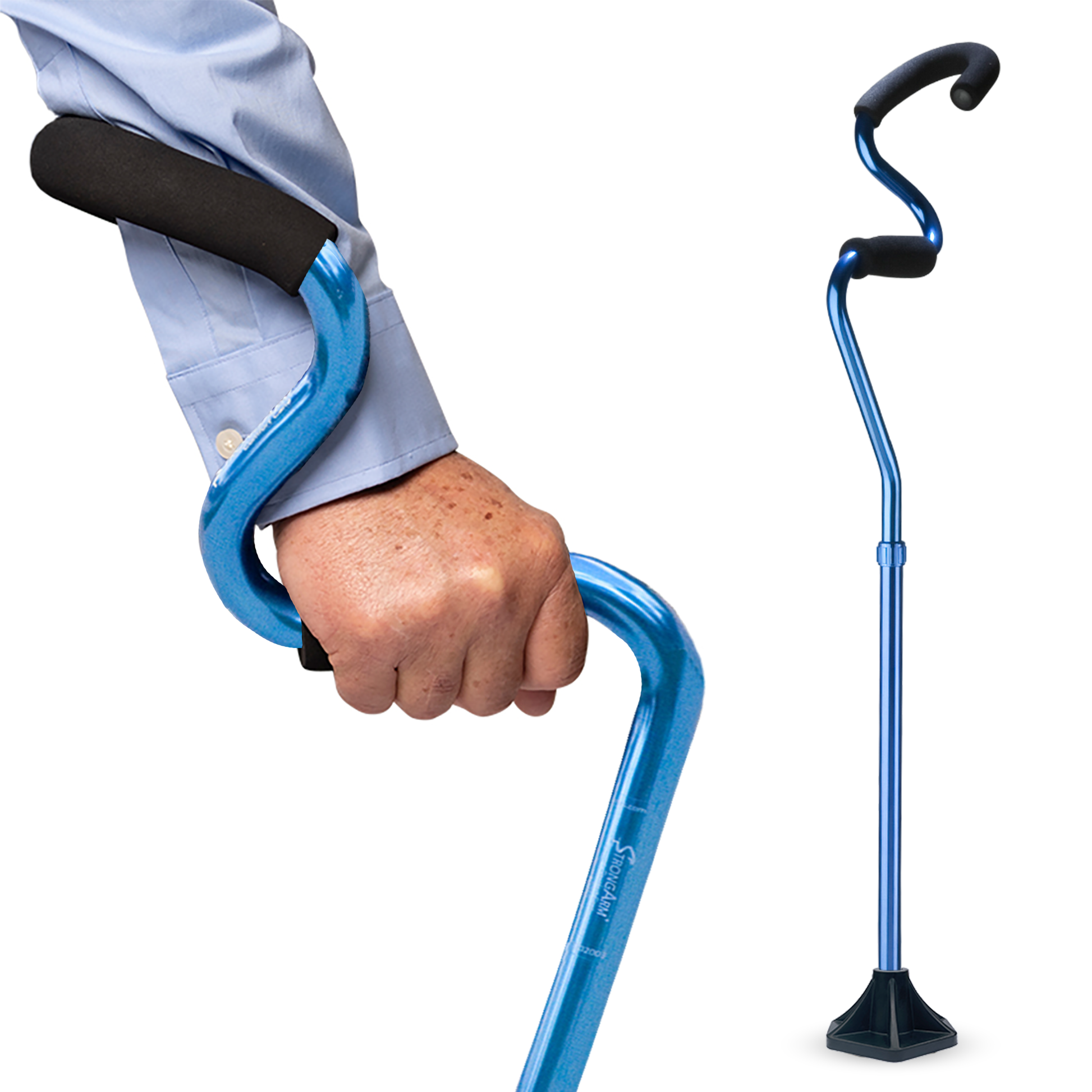 StrongArm Comfort Cane in Blue — self-standing walking cane with forearm support