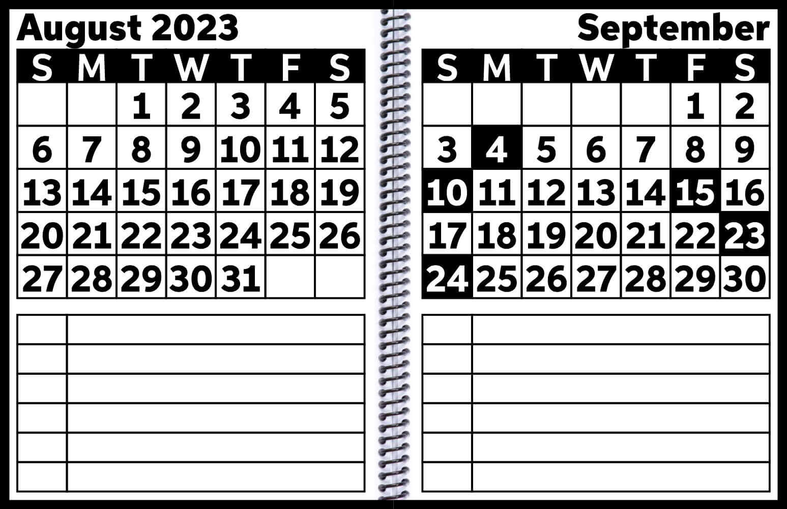 EZ2See Academic Weekly Planner - A pair of monthly pages, showing days with holidays and space for notes