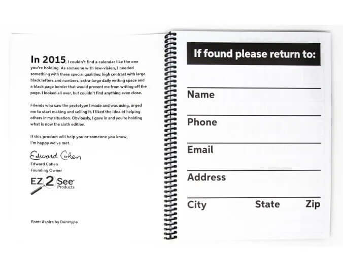The inside cover and return information of the EZ2See Calendar, a weekly planner 