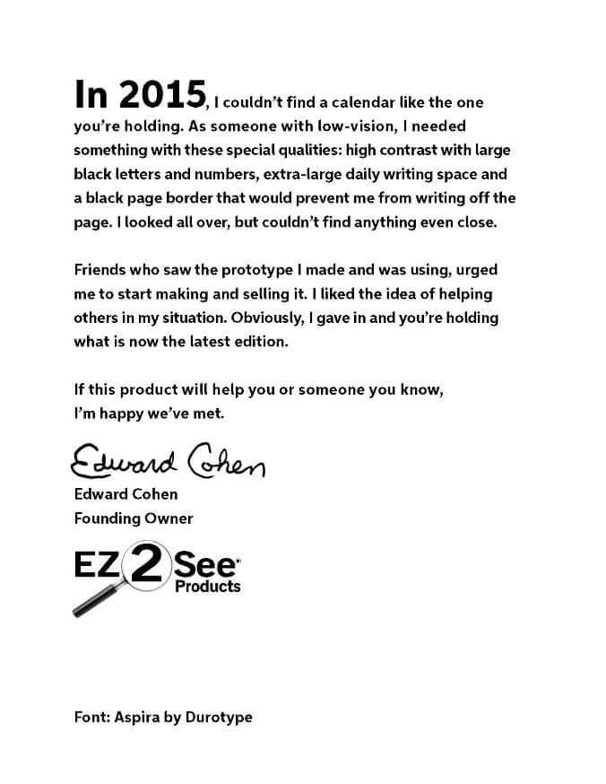 Introduction letter from the creator of the EZ2See Calendar