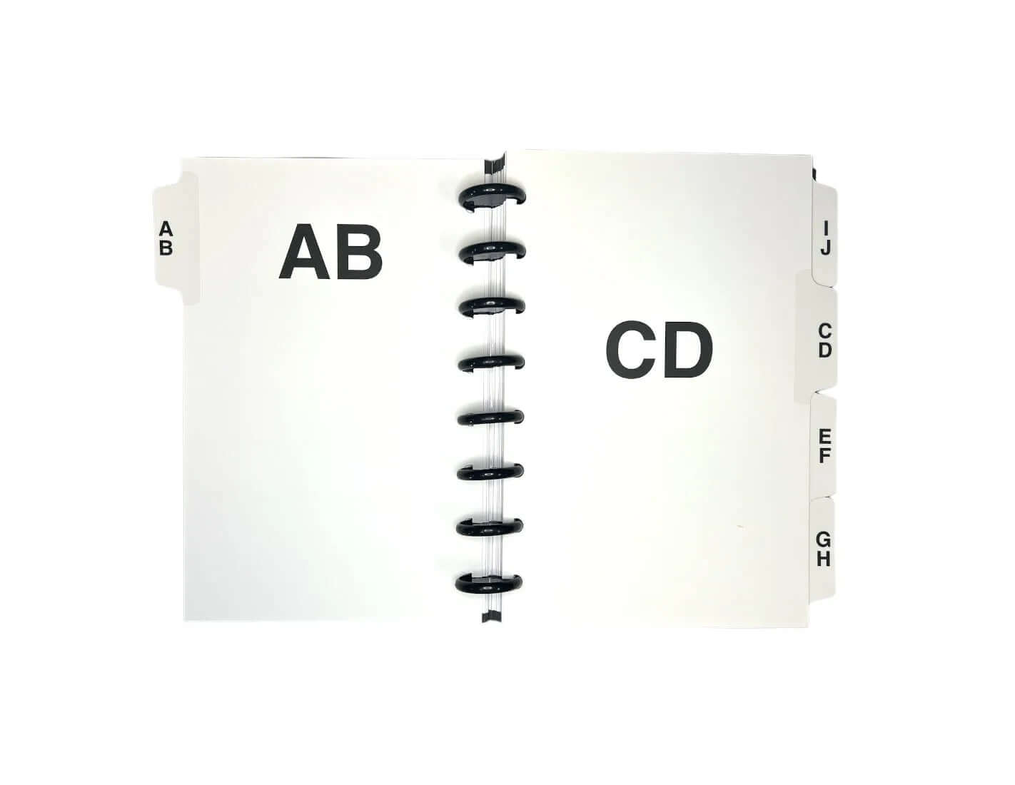 The moveable, alphabetical index tabs have their letters printed large on both sides of each sheet.