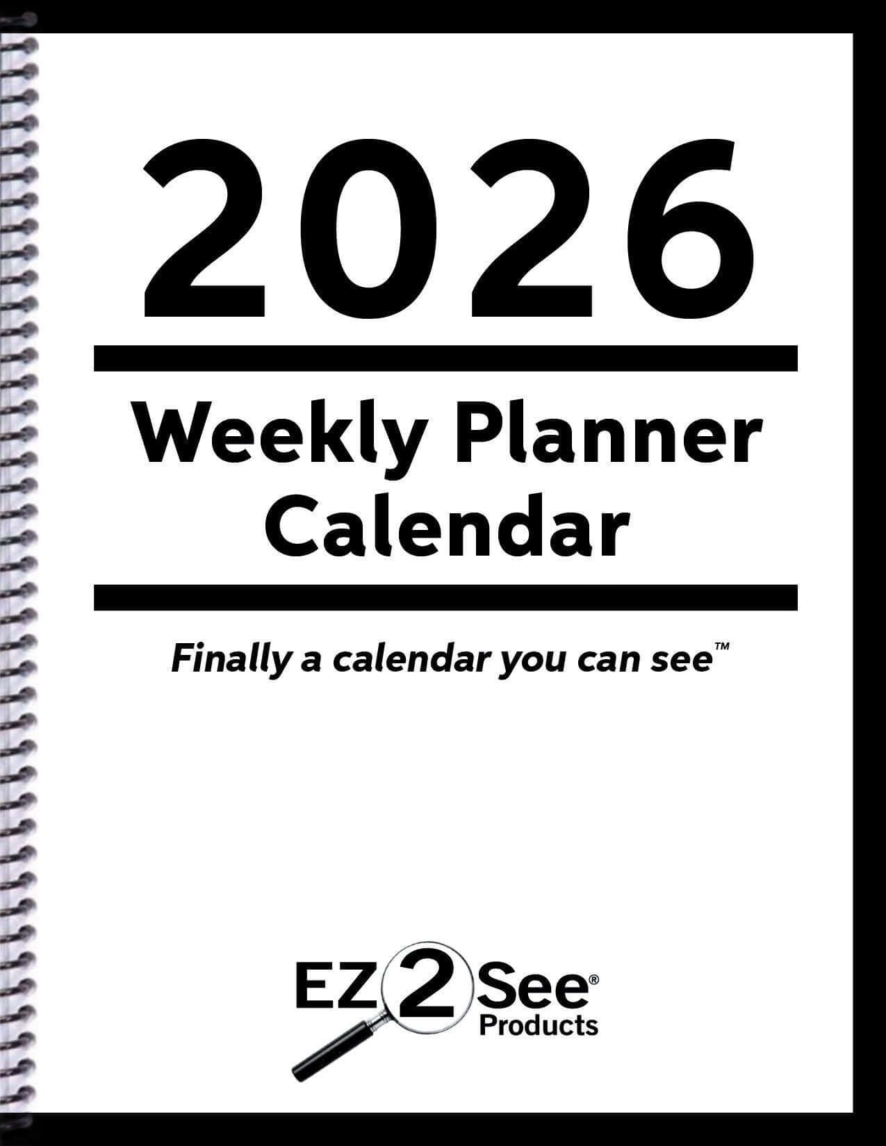 Prevent Products 2026 EZ2See large print weekly planner calendar with high-contrast black text and ample writing space.
