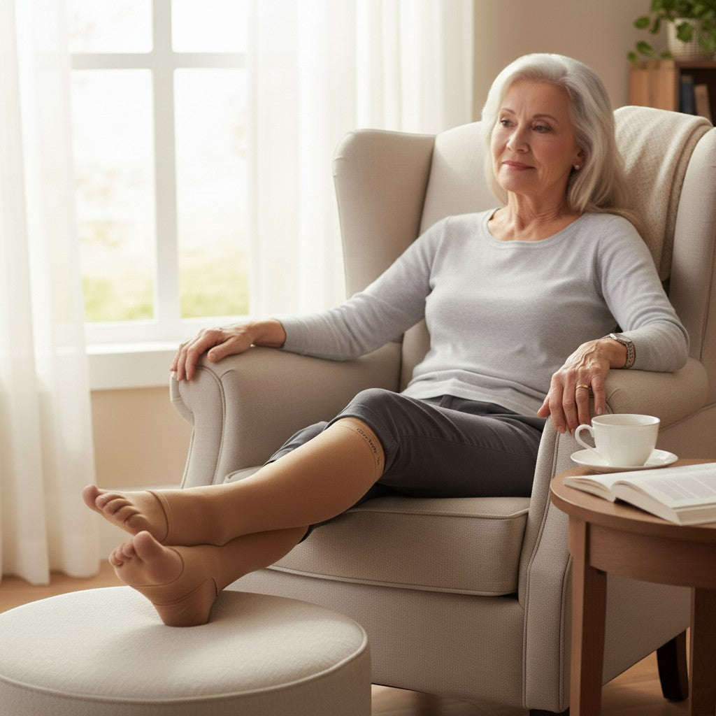 Prevent Products GeriLeg original leg protectors in beige, seamless knit with open heel and toe, worn by a woman relaxing in a chair.