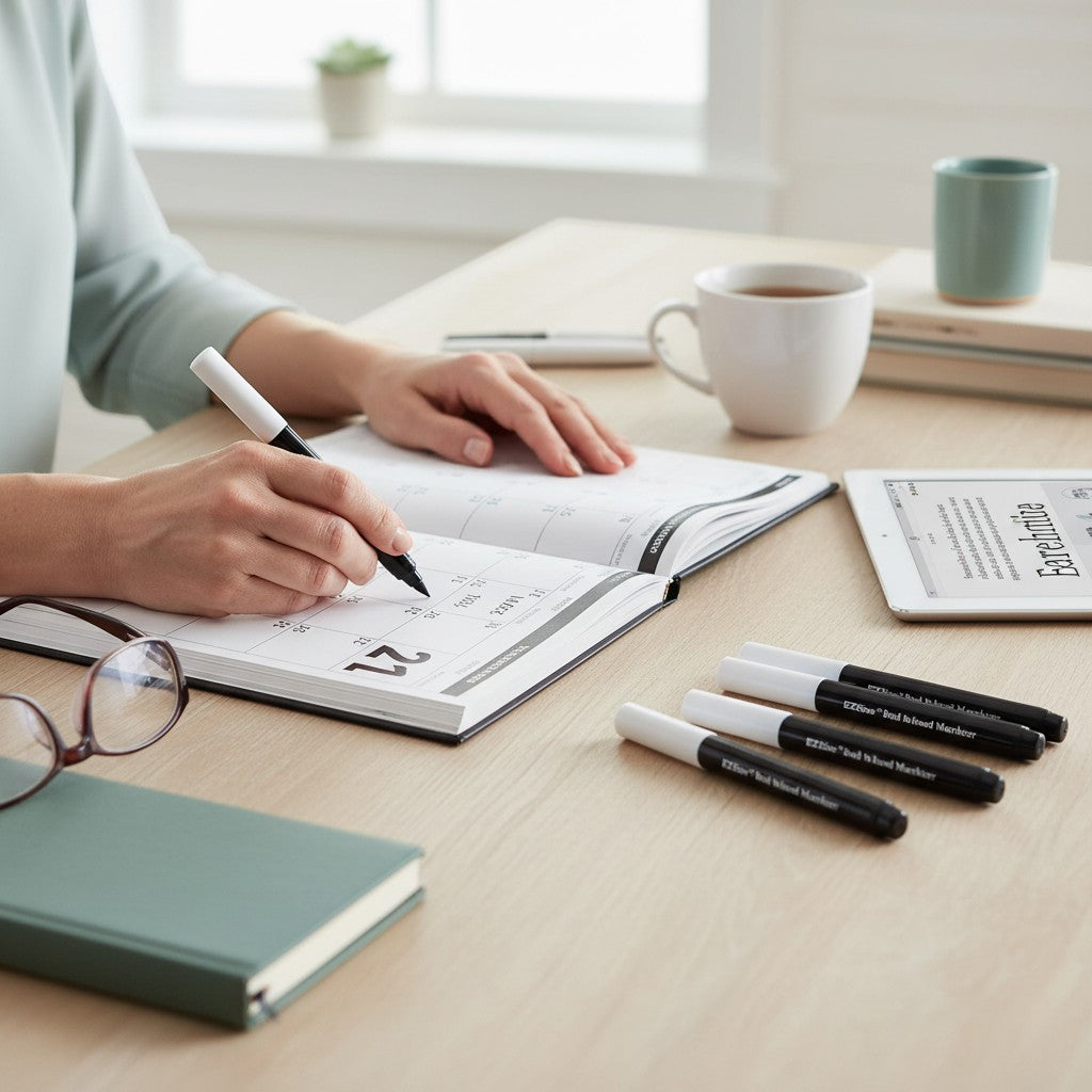 Prevent Products EZ2See BOLD black marker with white cap writing in a planner. Six markers on desk.
