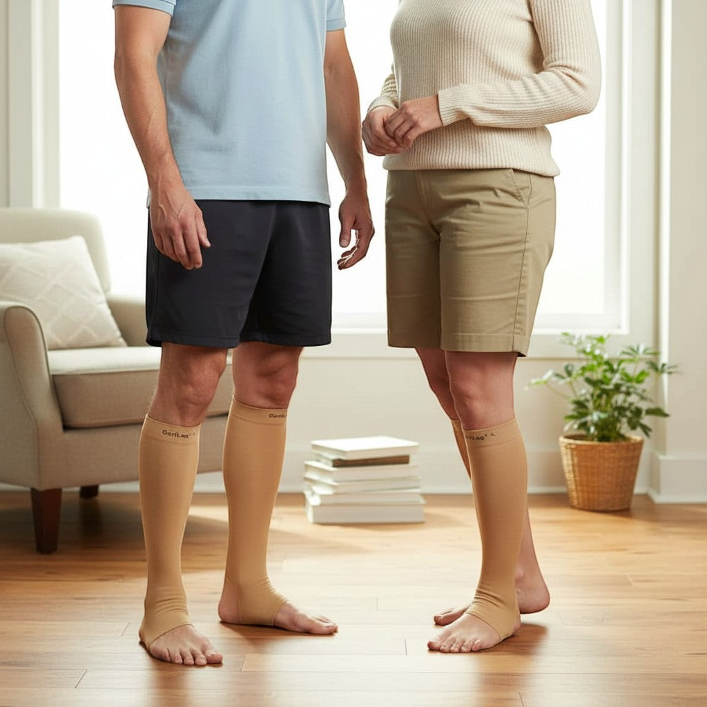 Prevent Products GeriLeg original leg protectors in tan, seamless knit with open heel for skin inspection and full range of motion.