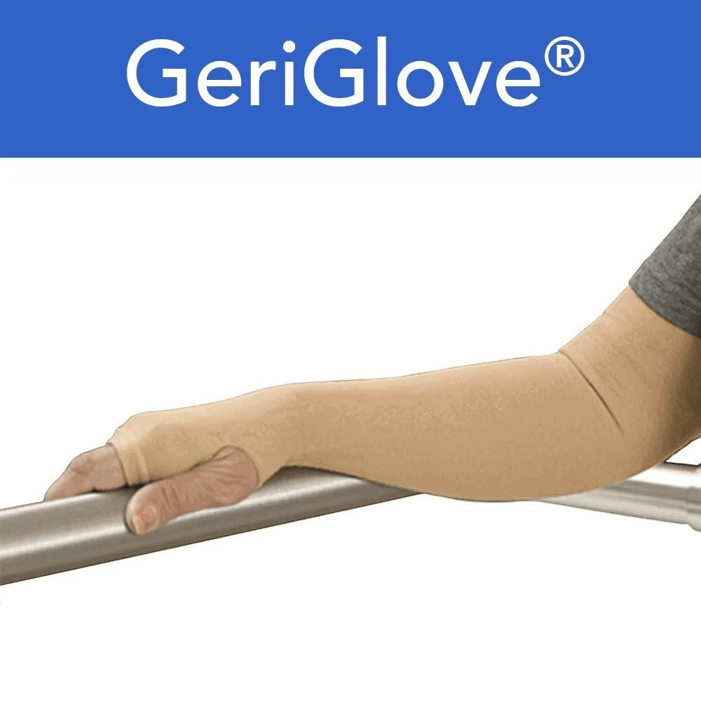 Prevent Products GeriGlove beige seamless arm protector with thumb and hand openings, made of cotton, nylon, and spandex.