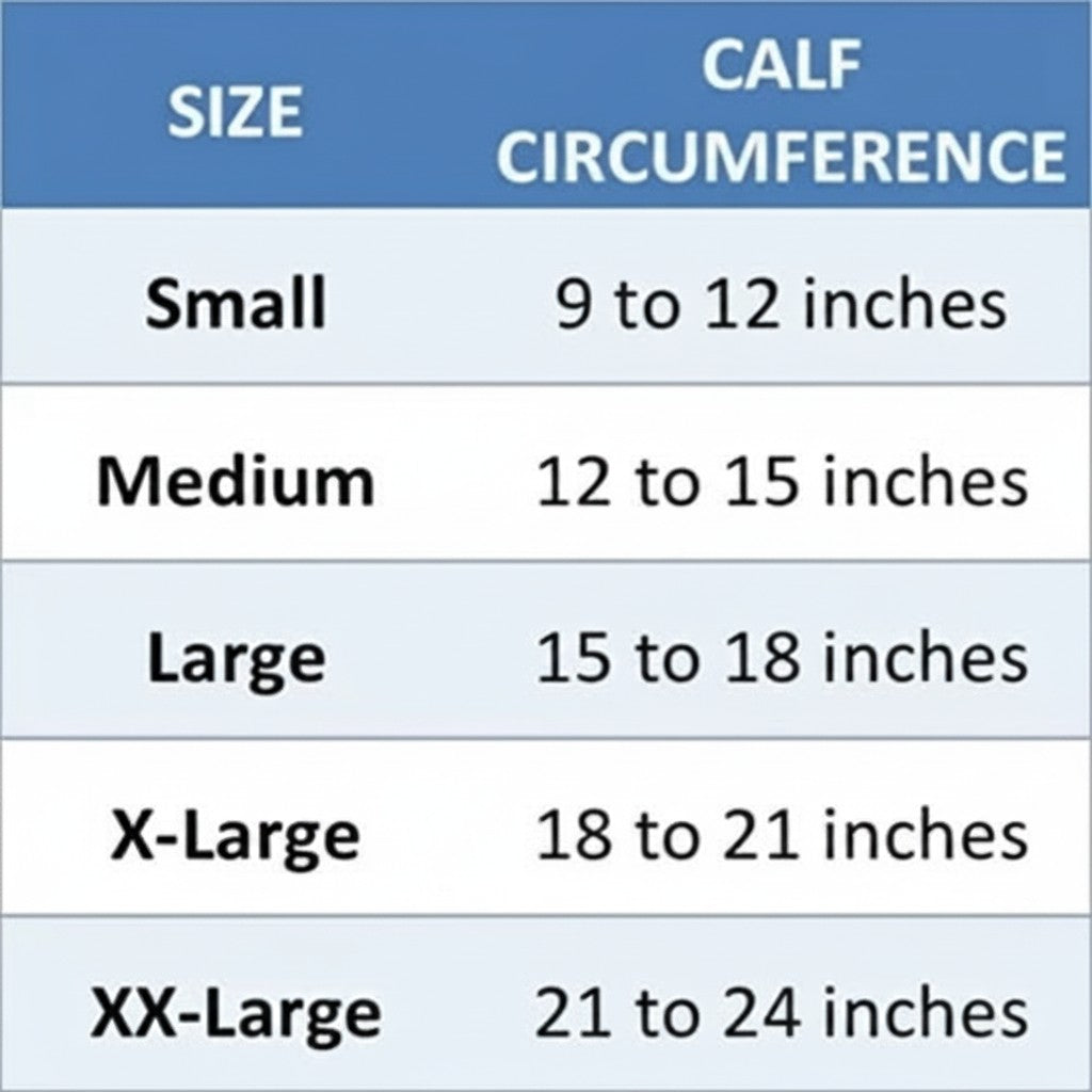 Prevent Products GeriLeg size chart showing calf circumference measurements from Small (9-12 inches) to XX-Large (21-24 inches).