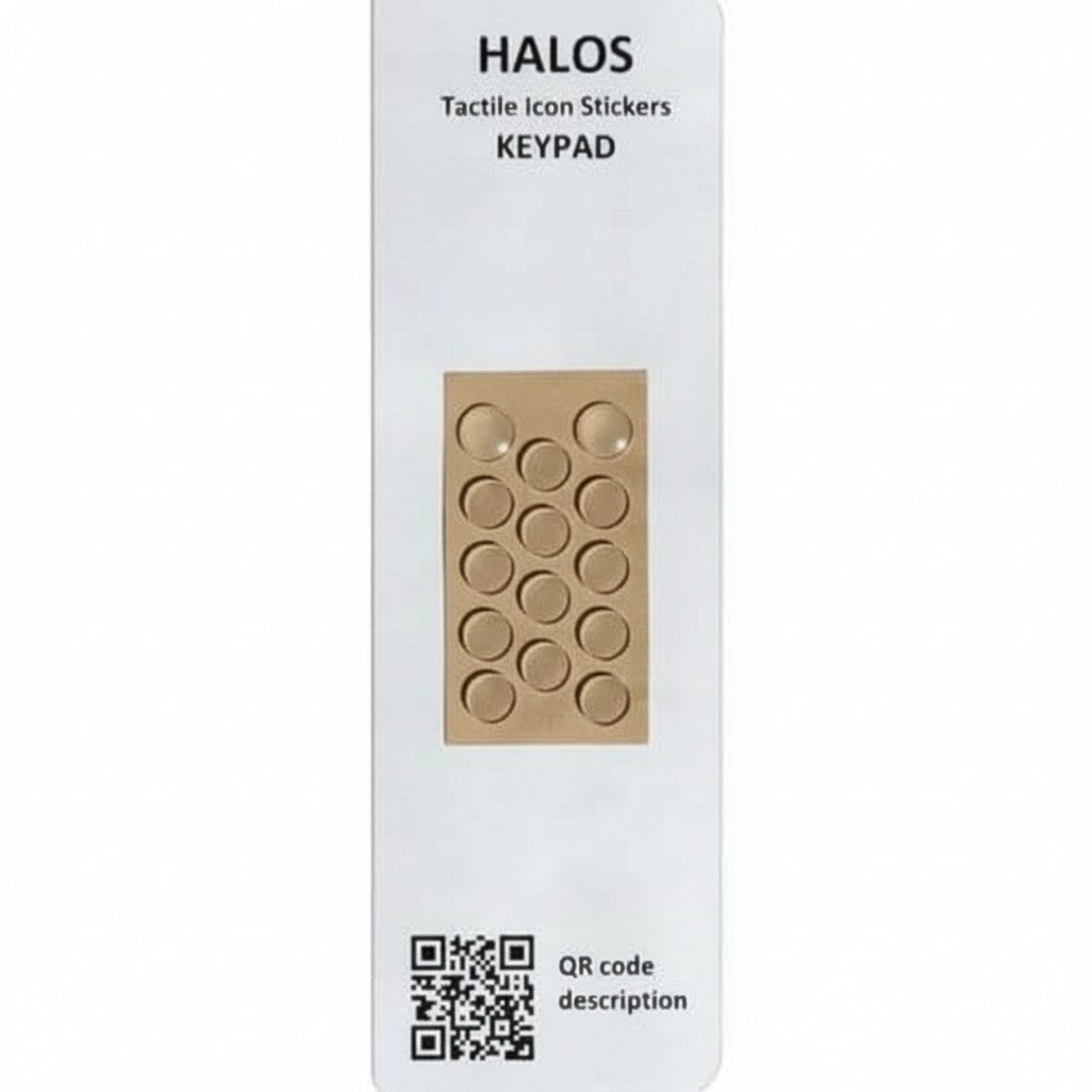 Prevent Products HALOS tactile icon stickers for keypads. Includes 12 flat and 2 domed round stickers in orange and black.