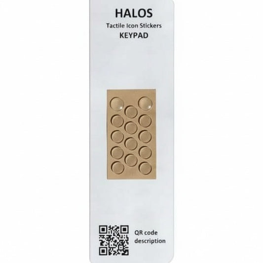 Prevent Products HALOS tactile icon stickers for keypads. Includes 12 flat and 2 domed round stickers in orange and black.