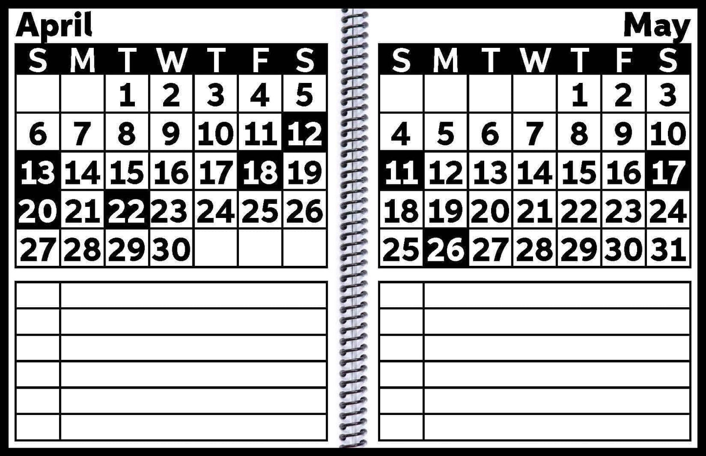 Prevent Products EZ2See large print academic planner showing April and May 2027 calendars with ample writing space and note sections.