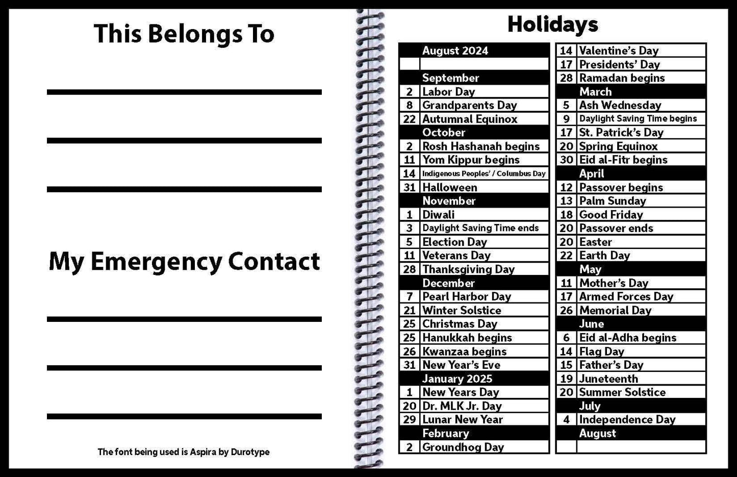 Prevent Products EZ2See large print academic planner features a holidays list from August 2024 to July 2025.