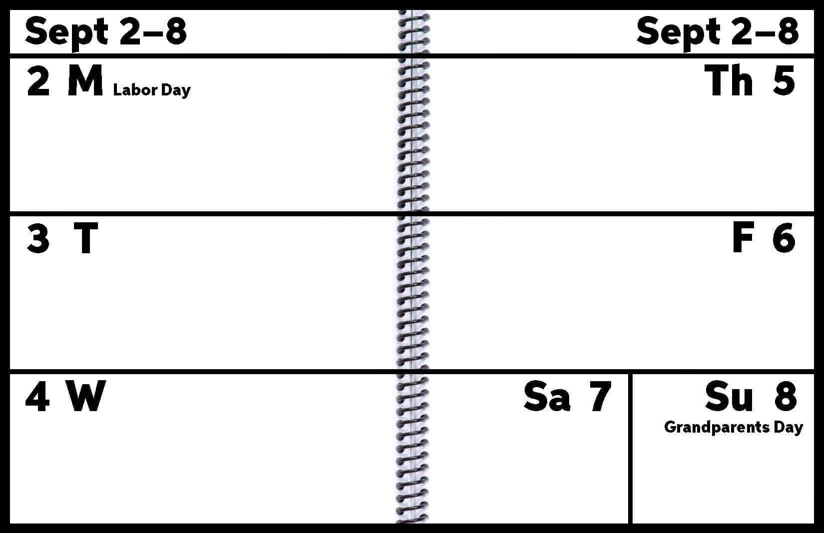 Prevent Products EZ2See large print academic planner open to September 2-8, showing daily planner layout with high-contrast text.