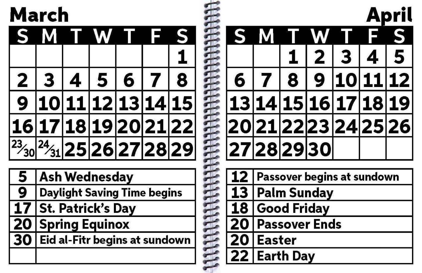 Prevent Products 2026 EZ2See large print weekly planner calendar pages for March and April with high-contrast black text and ample writing space.