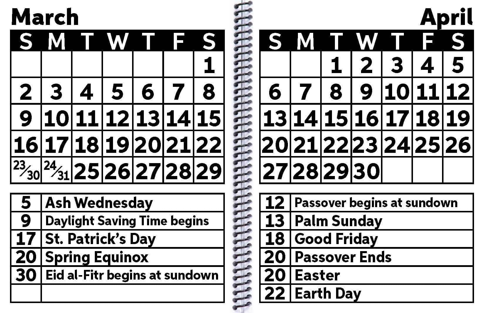 Prevent Products 2026 EZ2See large print weekly planner calendar pages for March and April with high-contrast black text and ample writing space.